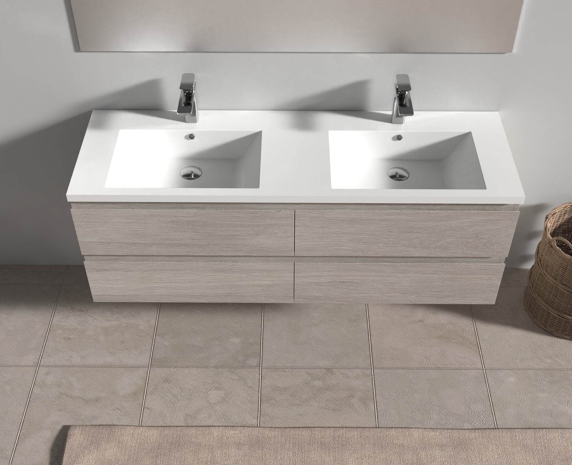Evos Boutiques 60 in oak colour vanity drawers open front view