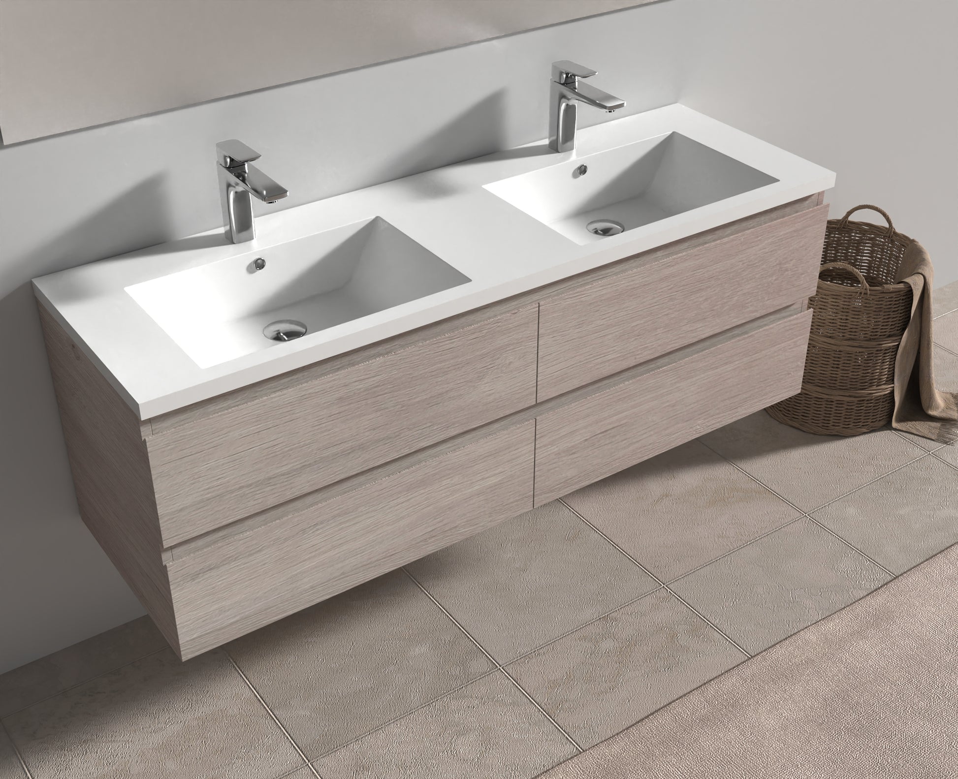 Evos Boutiques 60 in oak colour vanity drawers open side view