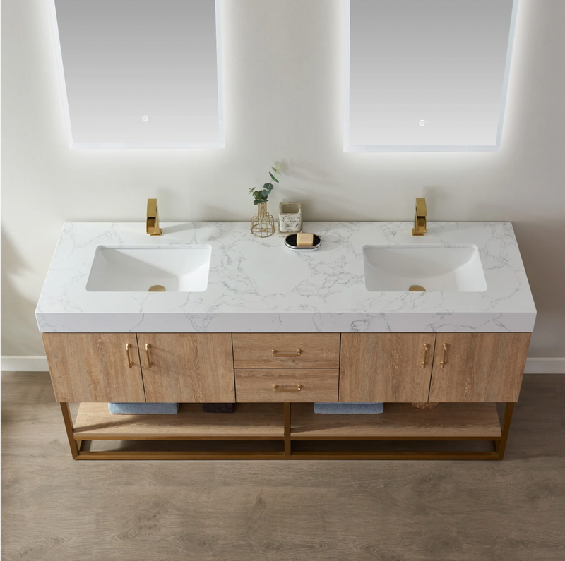 Evos Boutiques 60 in oak double sink bathroom vanity looking down