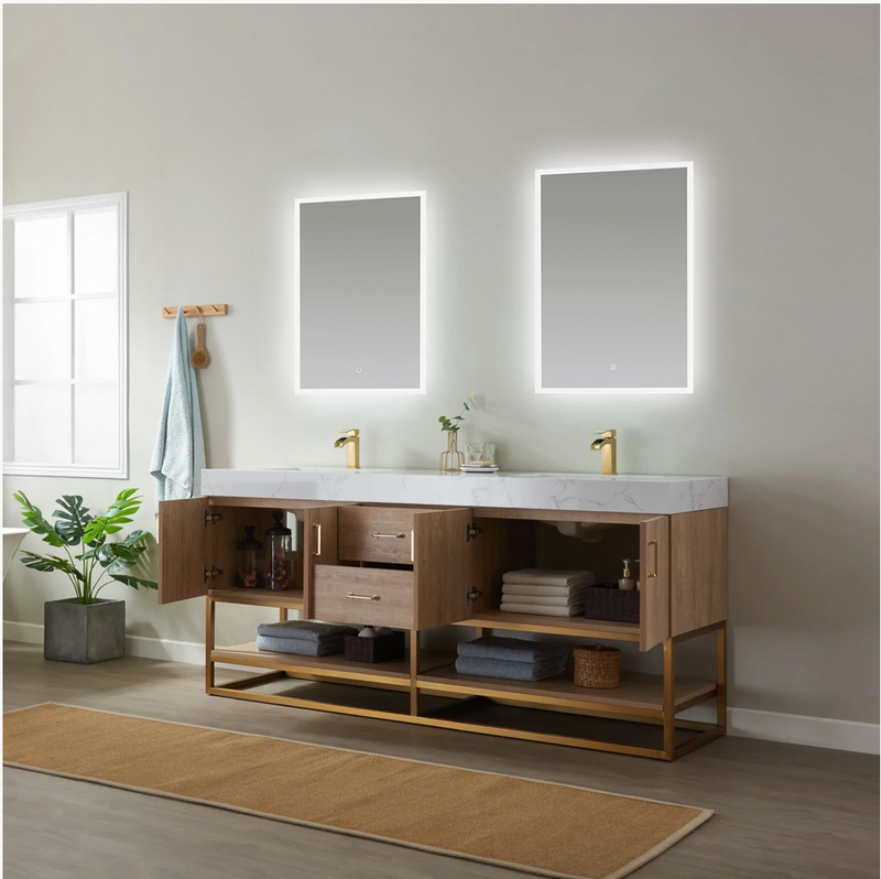 Evos Boutiques 60 in oak double sink bathroom vanity drawers open
