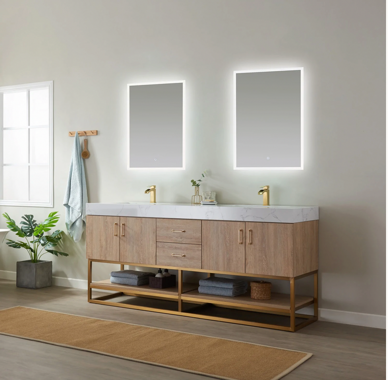 Evos Boutiques 60 in oak double sink bathroom vanity lights