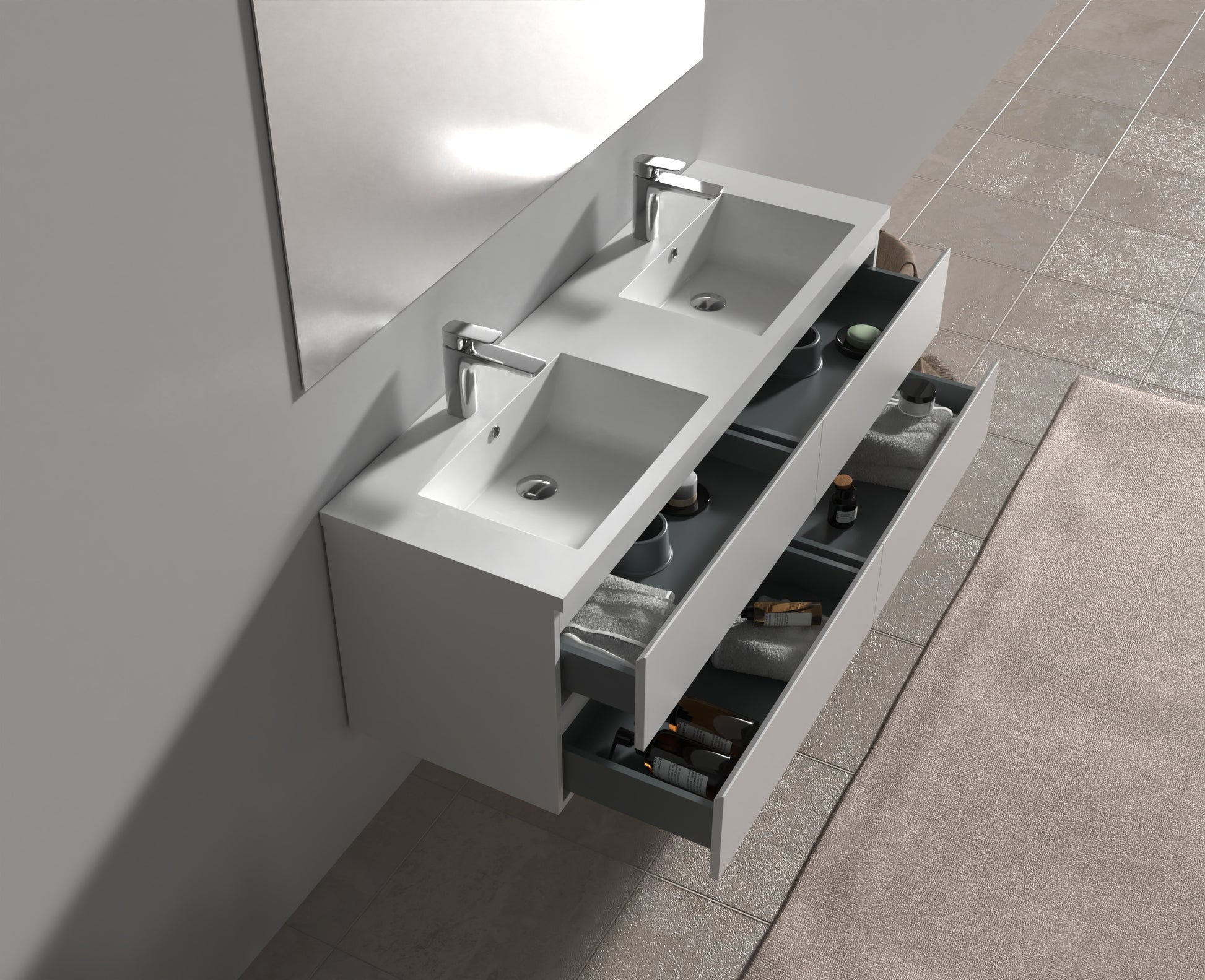 Evos Boutiques 60 in oak colour vanity drawers open