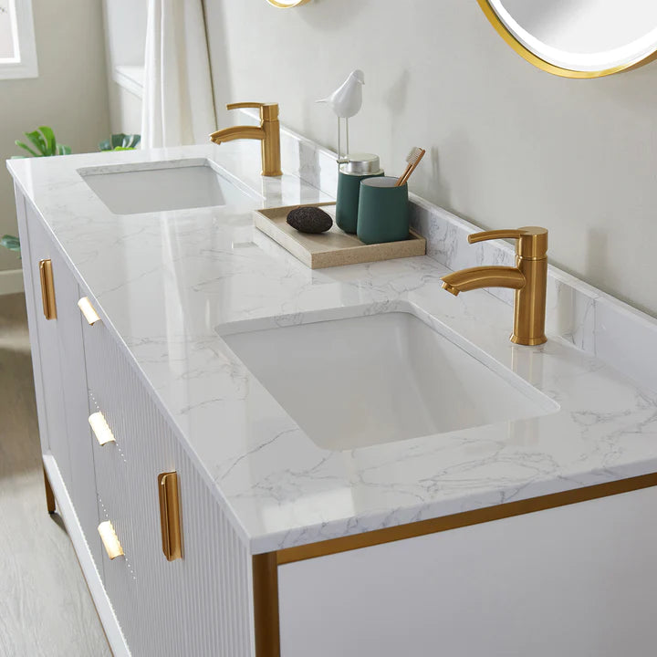 Evos Boutiques 60 in white double sink bathroom vanity closeup