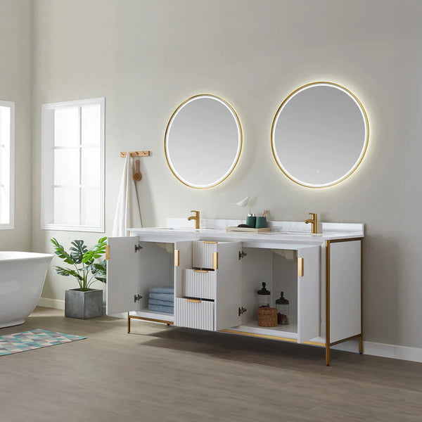 Evos Boutiques 60 in white double sink bathroom vanity drawers open