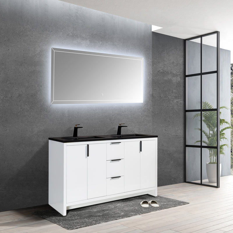 Evos Boutiques 60 in white double sink bathroom vanity staged