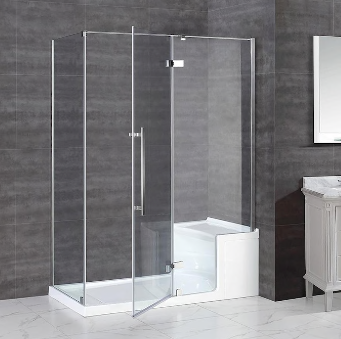 Evos Boutiques 60 x 32 in silver shower with bench base door open