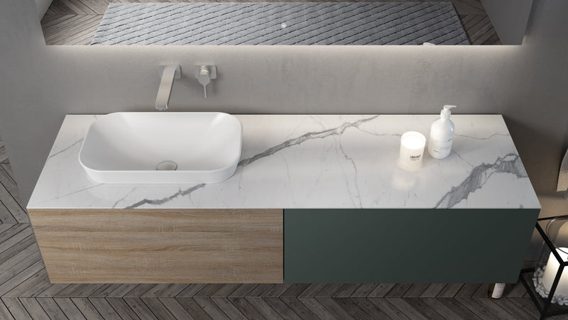 Evos Boutiques 64 in  wood and grey bathroom vanity looking down