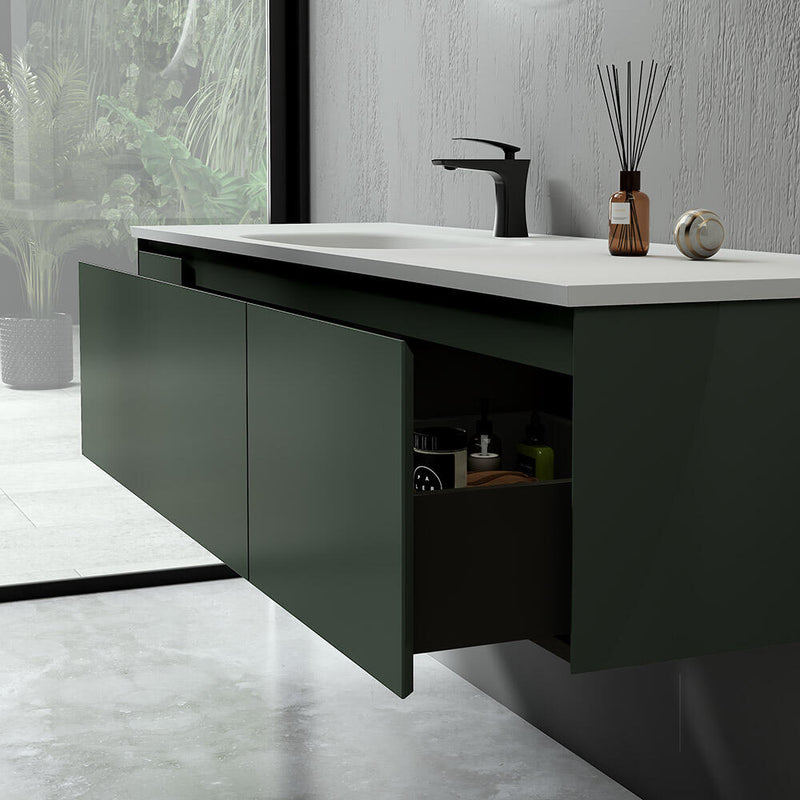 Evos Boutiques 65 in dark green bathroom vanity set drawers open