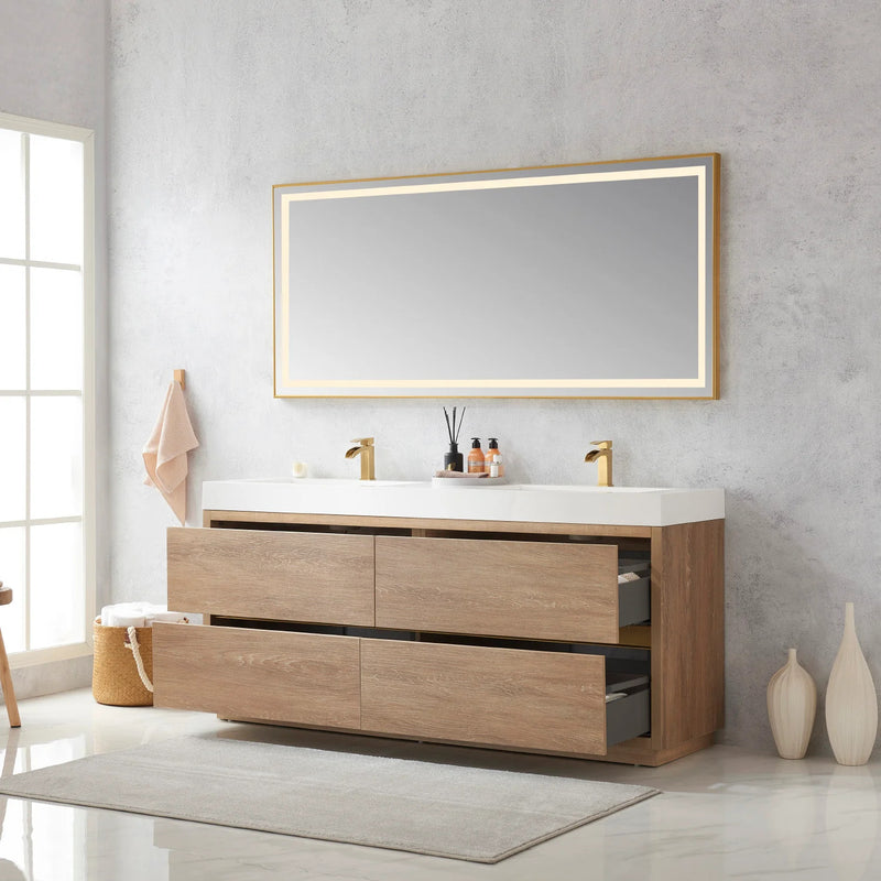 Evos Boutiques 72 in double oak sleek simple vanity drawers open