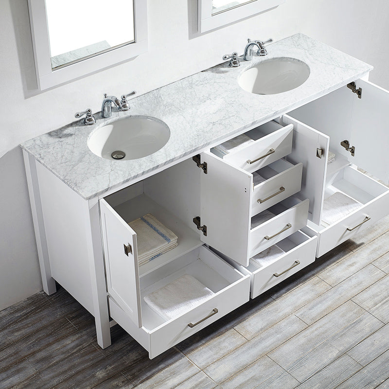 Evos Boutiques 72 in double sink pure white vanity all doors open
