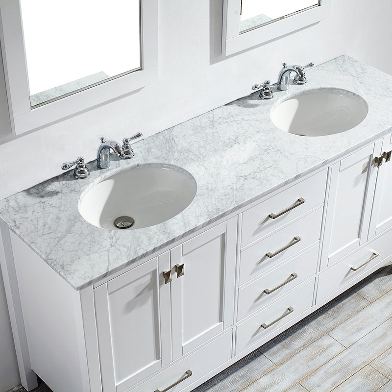 Evos Boutiques 72 in double sink pure white vanity looking down view