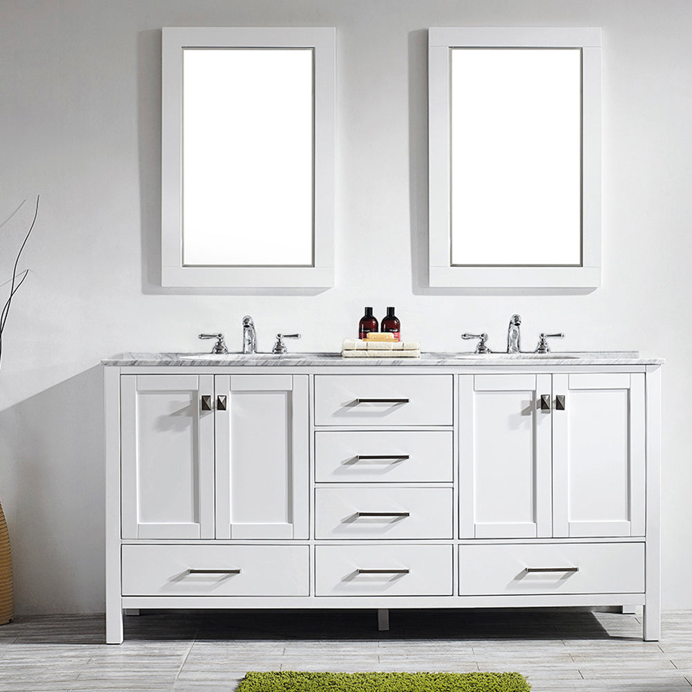 Evos Boutiques 72 in double sink pure white vanity staged
