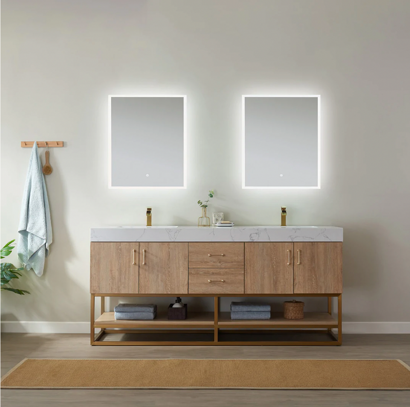 Evos Boutiques 72 in oak double sink bathroom vanity mirror light