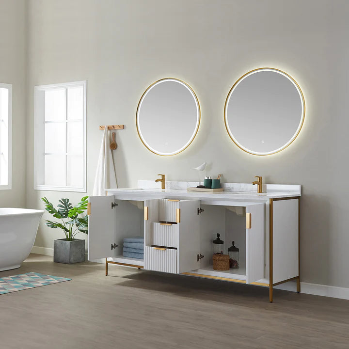 Evos Boutiques 72 in white double sink bathroom vanity drawers open
