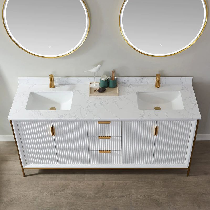Evos Boutiques 72 in white double sink bathroom vanity looking down