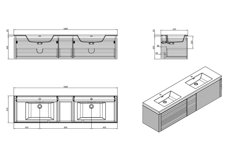 Evos Boutiques 72 in white suspended vanity diagram