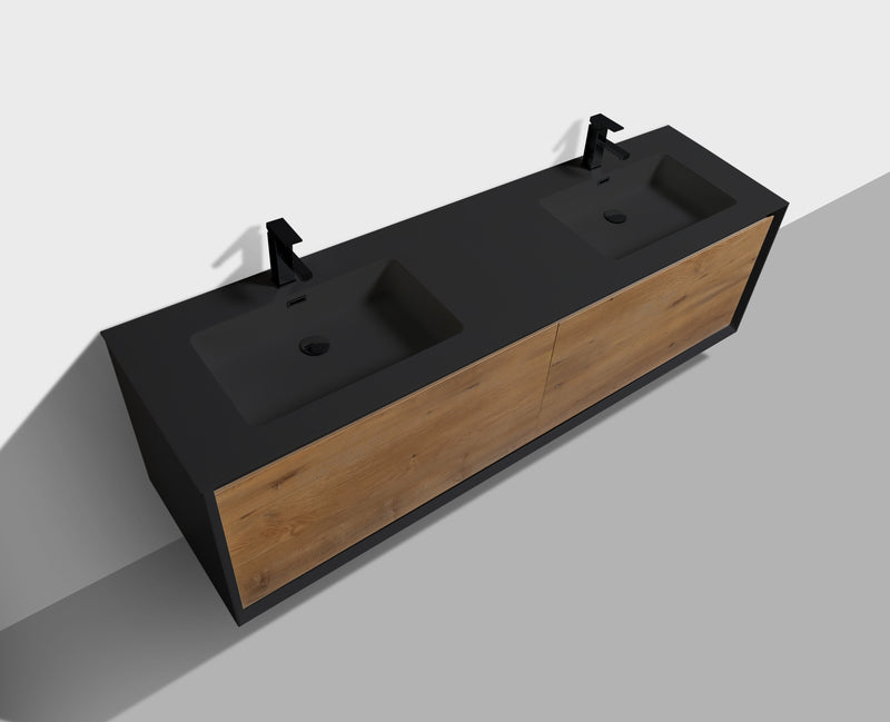 Evos Boutiques 75 in black and oak wood finish vanity no background looking down