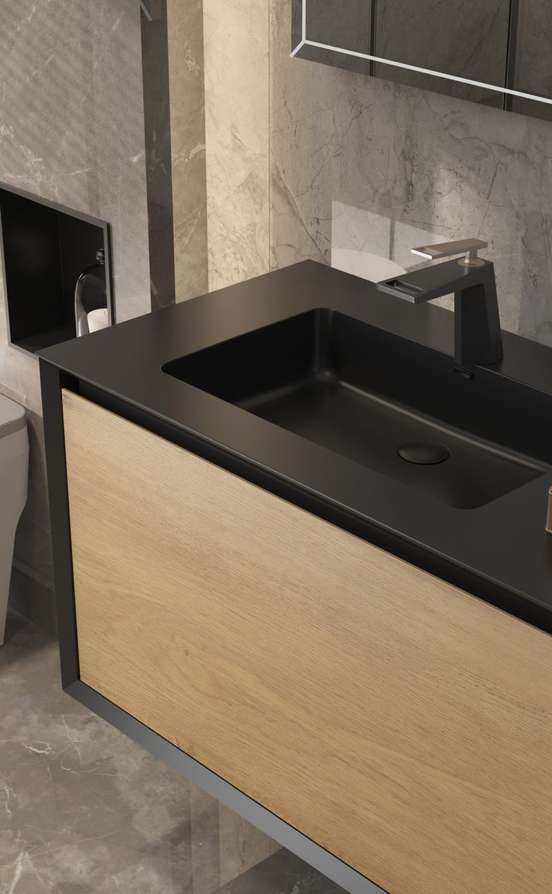 Evos Boutiques 75 in black and oak wood finish vanity sink