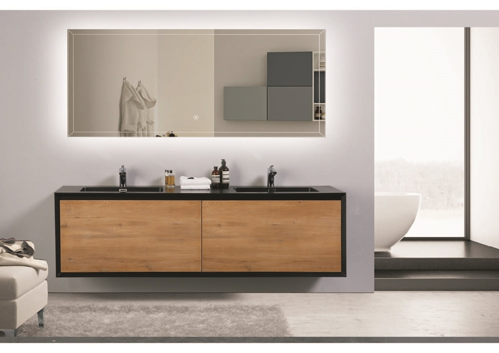 Evos Boutiques 75 in black and oak wood finish vanity staged left side