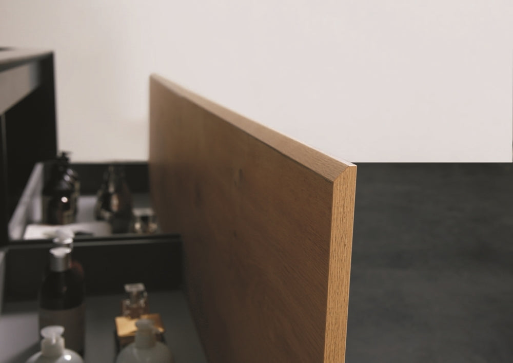 Evos Boutiques 75 in black and oak wood finish vanity zoomed in drawer