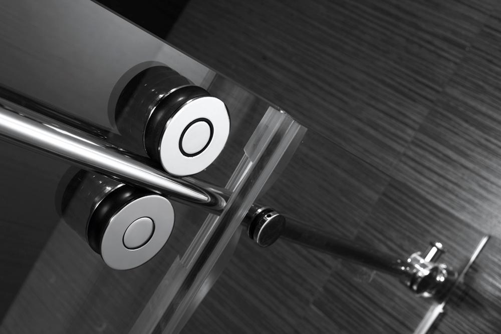 Evos Boutiques 84 in chrome shower door side panel and base zoomed in