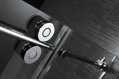 Evos Boutiques 84 in chrome shower door side panel and base zoomed in