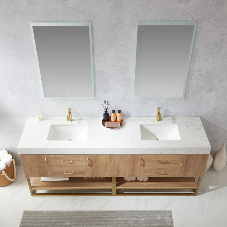 Evos Boutiques 84 in oak double sink bathroom vanity looking down