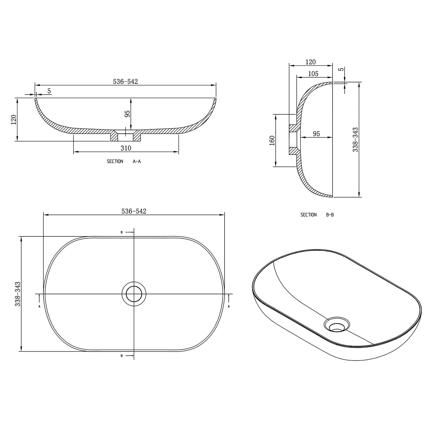 Evos Boutiques  mineral cast countertop washbasin diagram