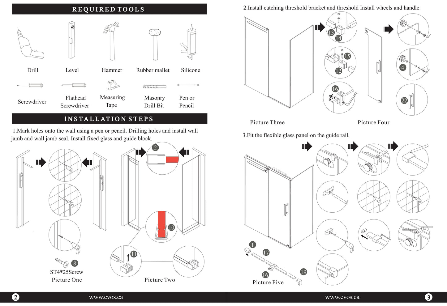 Evos Boutiques chrome shower door and base sizes vary manuals3