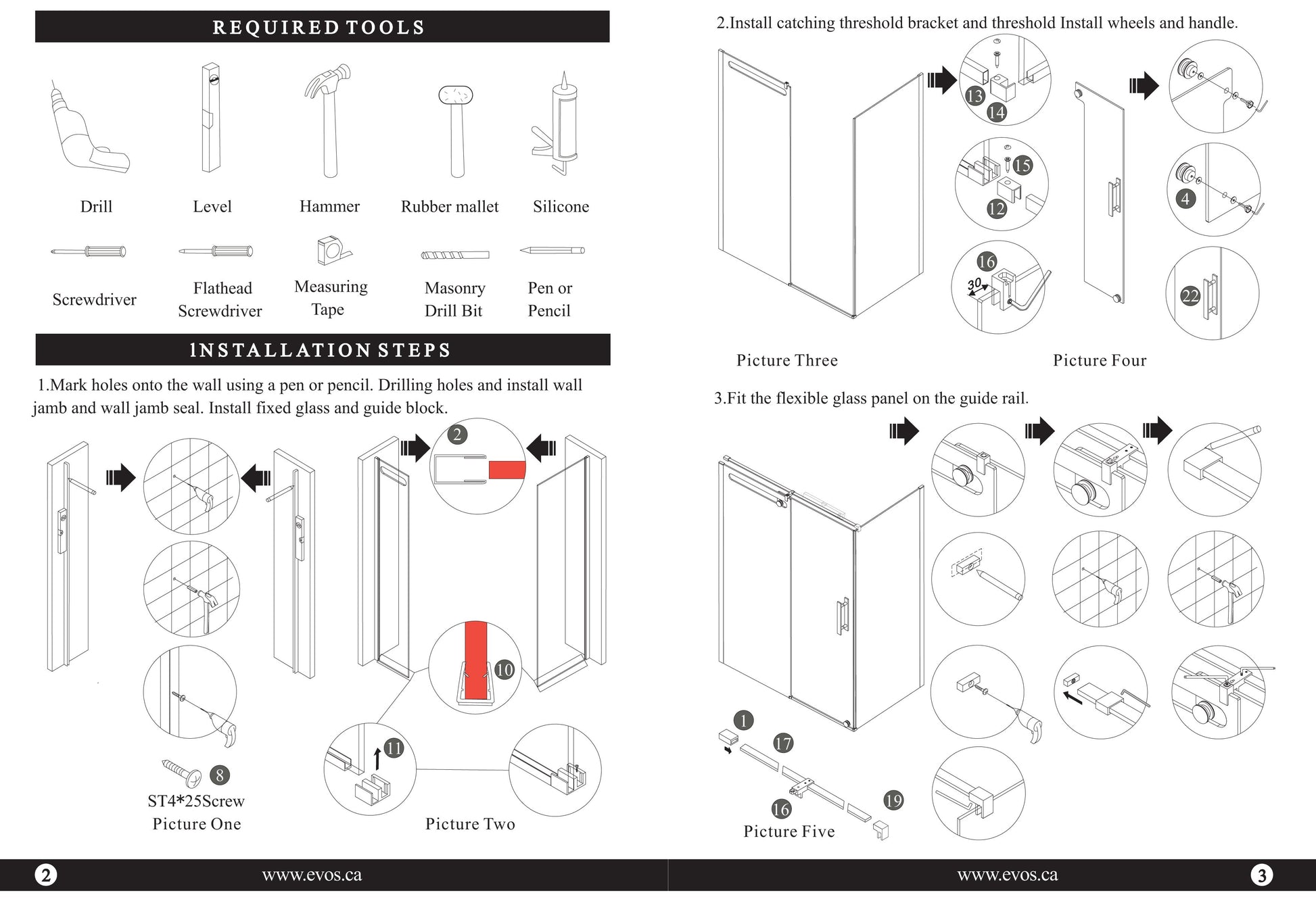 Evos Boutiques chrome shower door and base sizes vary manuals3