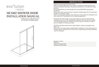 Evos Boutiques chrome shower door and base sizes vary manuals 5