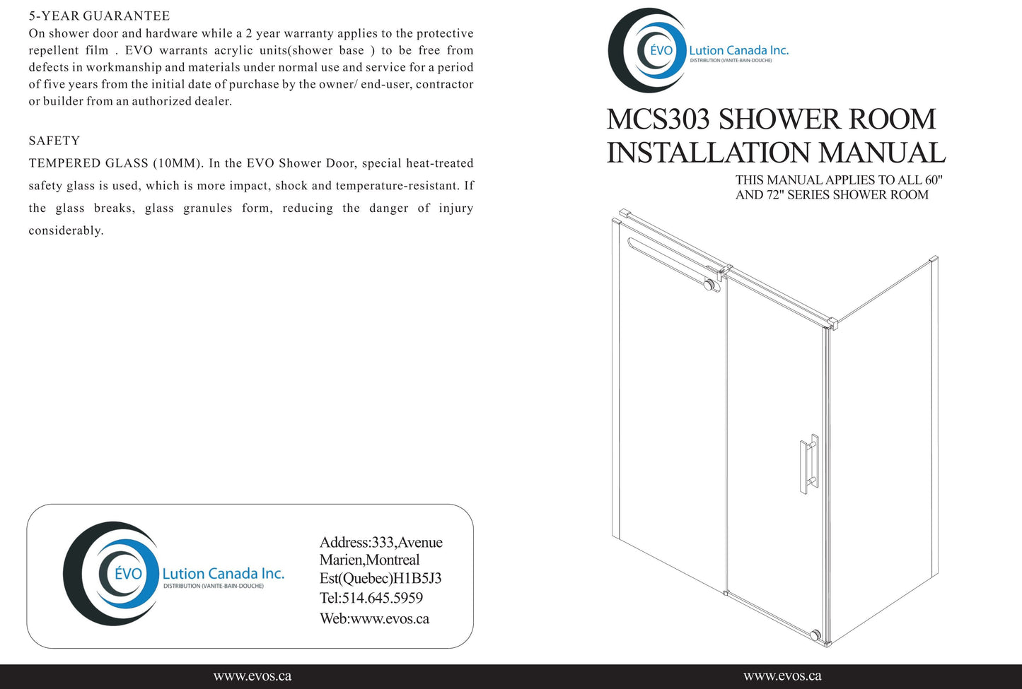 Evos Boutiques chrome shower door and base sizes vary manuals 1