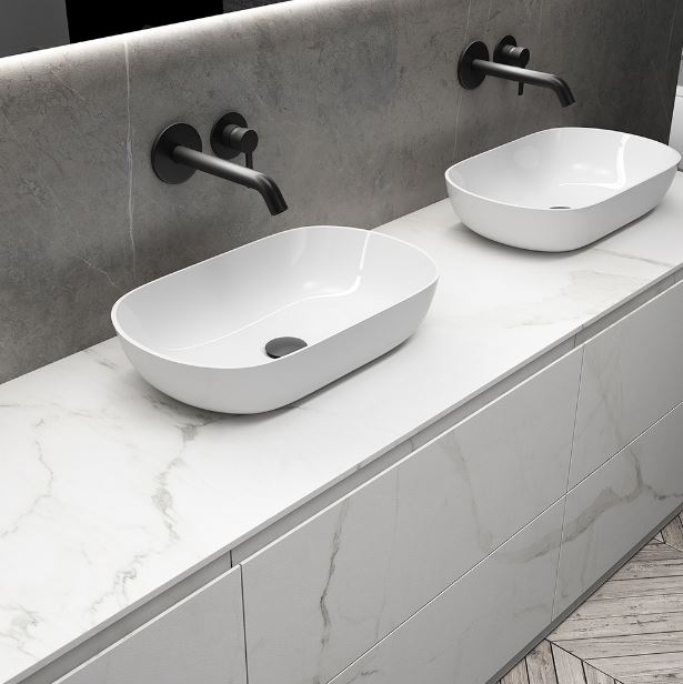 Evos Boutiques marble white double bathroom vanity looking down