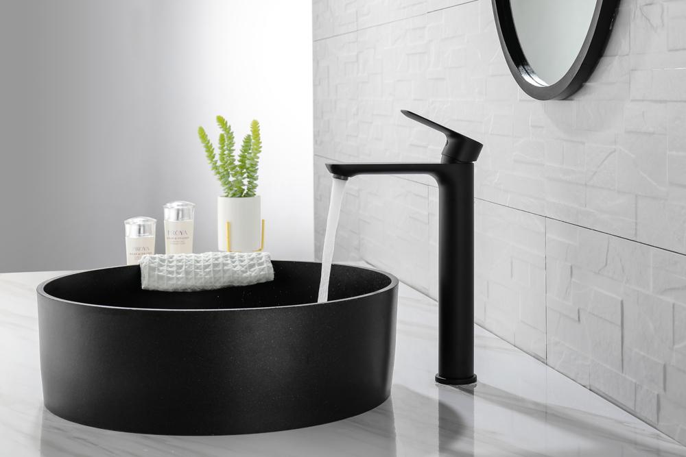 Evos Boutiques matte black faucet for vessel sink running water