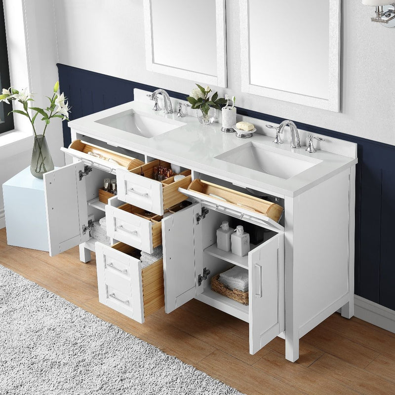 Evos  Boutiques white double countertop vanity drawer open