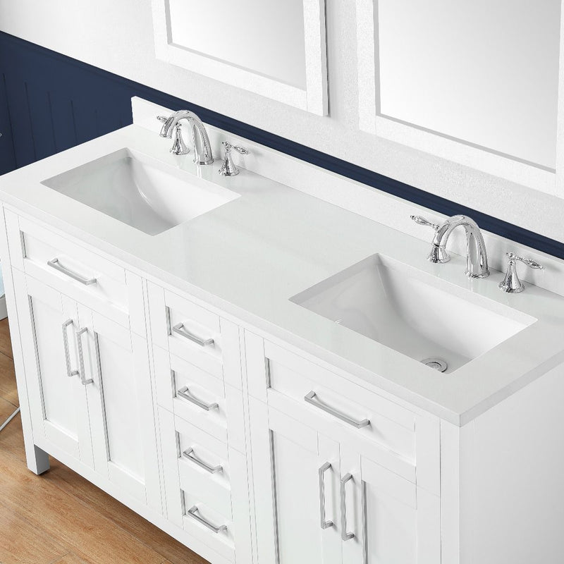 Evos  Boutiques white double countertop vanity looking down