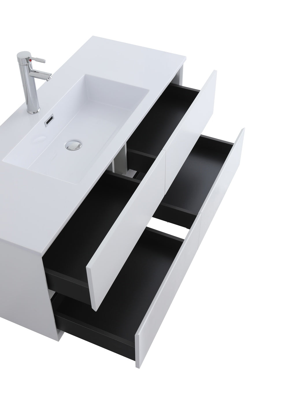 Evos Brand Vanity EXPECT White opened drawers side view