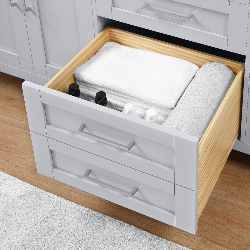 Evos  Boutiques 72 in white double countertop vanity drawer open