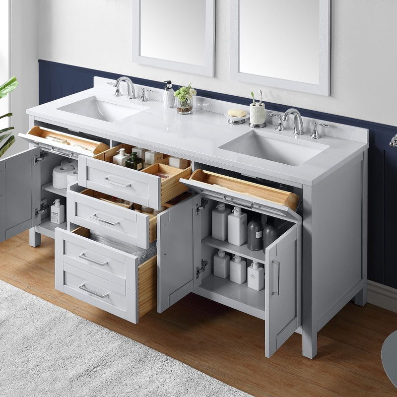 Evos  Boutiques 72 in white double countertop vanity drawers_open