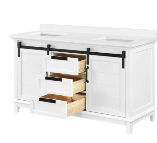 Stirling white double vanity by evos open drawers